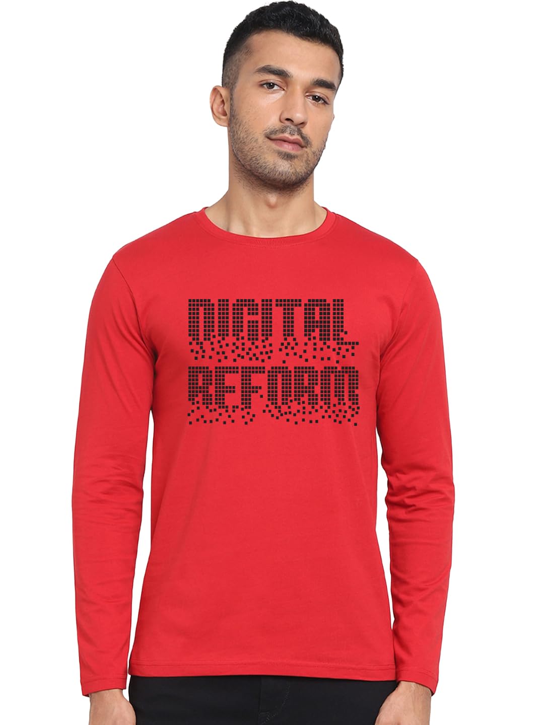 Bewakoof Mens Typography Regular Fit Full Sleeve Round Neck Pure Cotton T Shirt_689695_Red_S