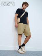 The Souled Store Chino Shorts: Camel Men and Boys Buttoned Beige Solid Cotton Blend Knee Length Chino Shorts