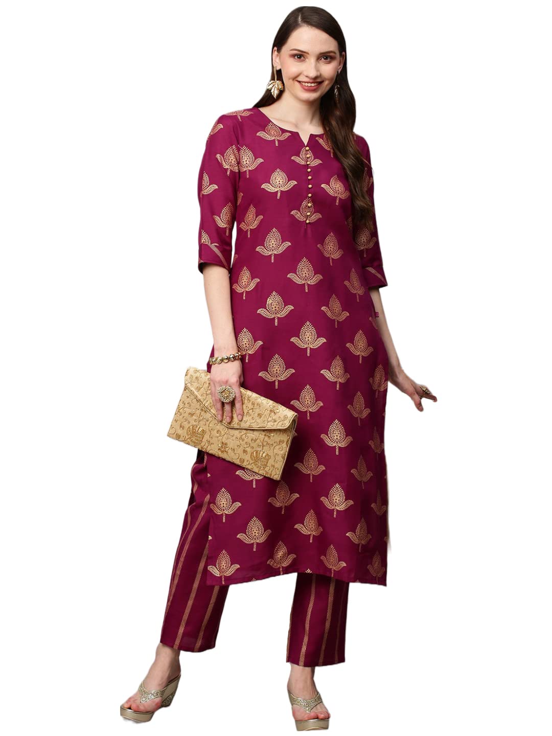 ANNI DESIGNER Women's Cotton Blend Printed Straight Kurta with Pant (Garbha Wine_L_Wine_Large)