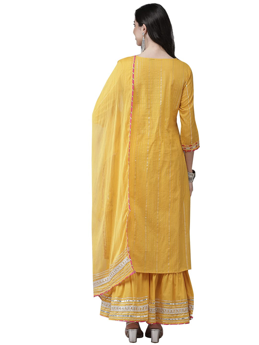 ishin Womens Cotton A-Line Embroidered Kurta suit set With Dupatta & Sharara