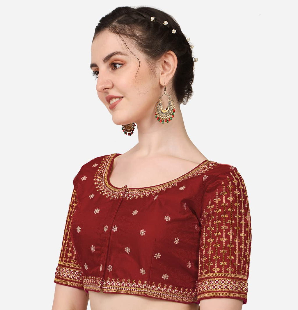 Pujia Mills WomenS Cobra Silk Embroidery Coding Stone Work Half Sleeve Saree Blouse