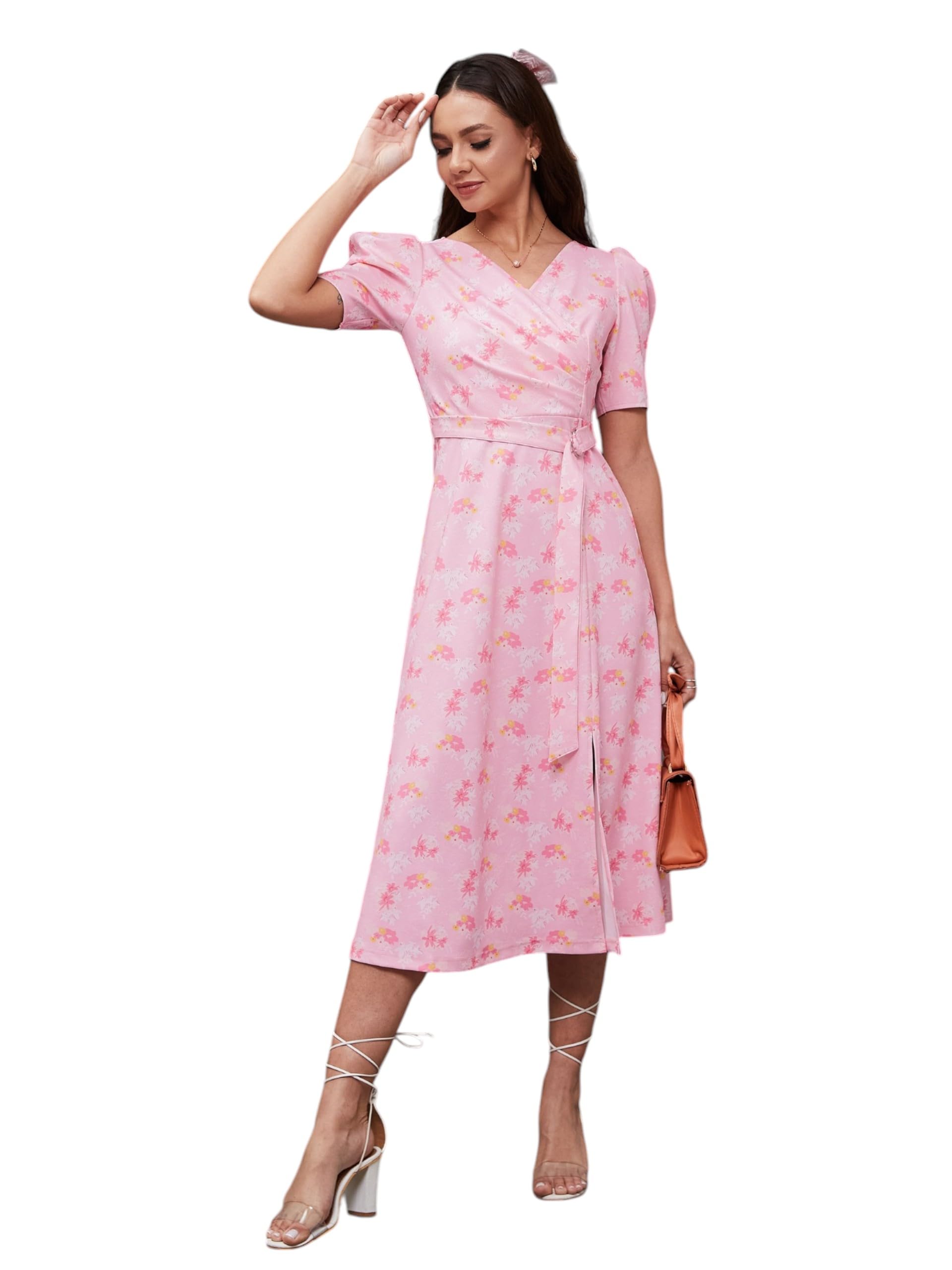Miss Chase Womens V-Neck Puff Sleeve Midi Dress (MCAW21D14-84-177-01, Multicolored-Base-Pink, 2XL)