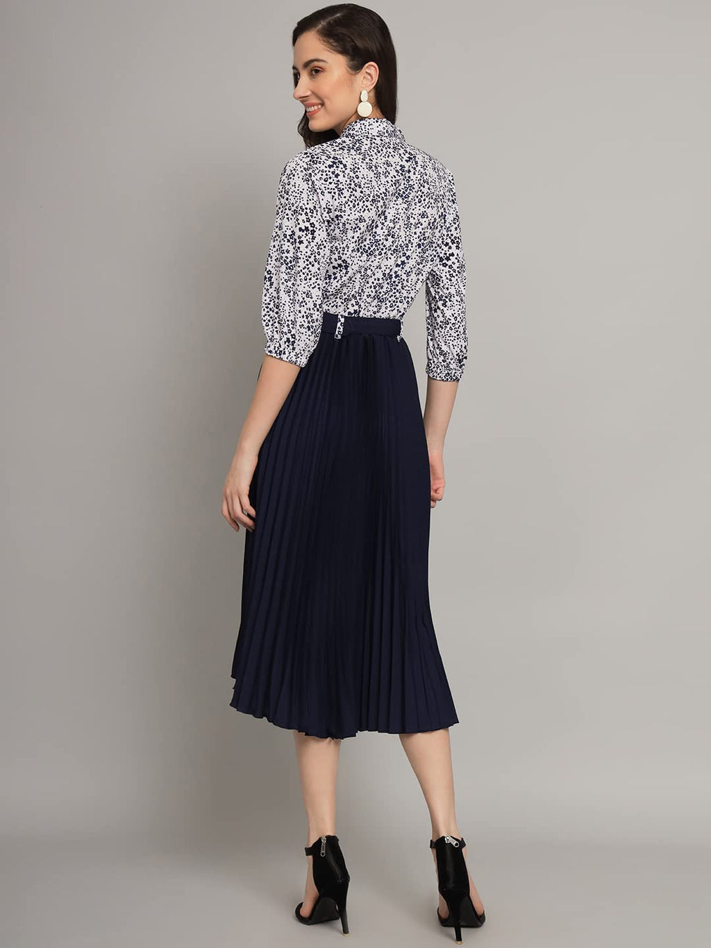 Kzully | Elegant A-Line Dress: Collared V-Neck Top, Pleated Skirt With Elastic Waist, Includes Belt Navy Blue