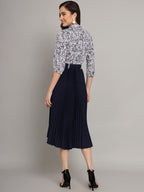 Kzully | Elegant A-Line Dress: Collared V-Neck Top, Pleated Skirt With Elastic Waist, Includes Belt Navy Blue