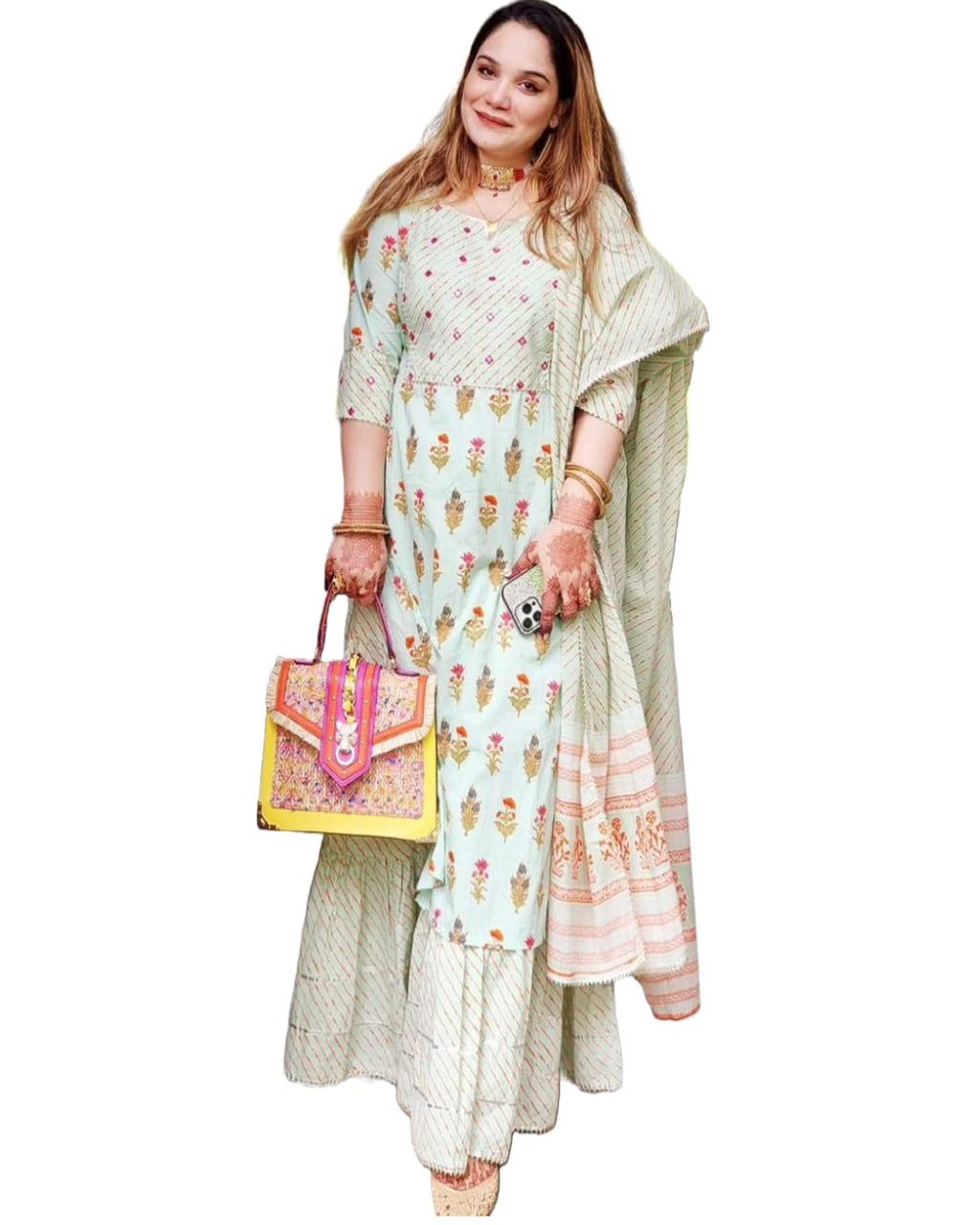 ANNI DESIGNER Women's Cotton Blend Straight Printed Kurta with Sharara & Dupatta (Pato-Nw-Green_M_Green_Medium)