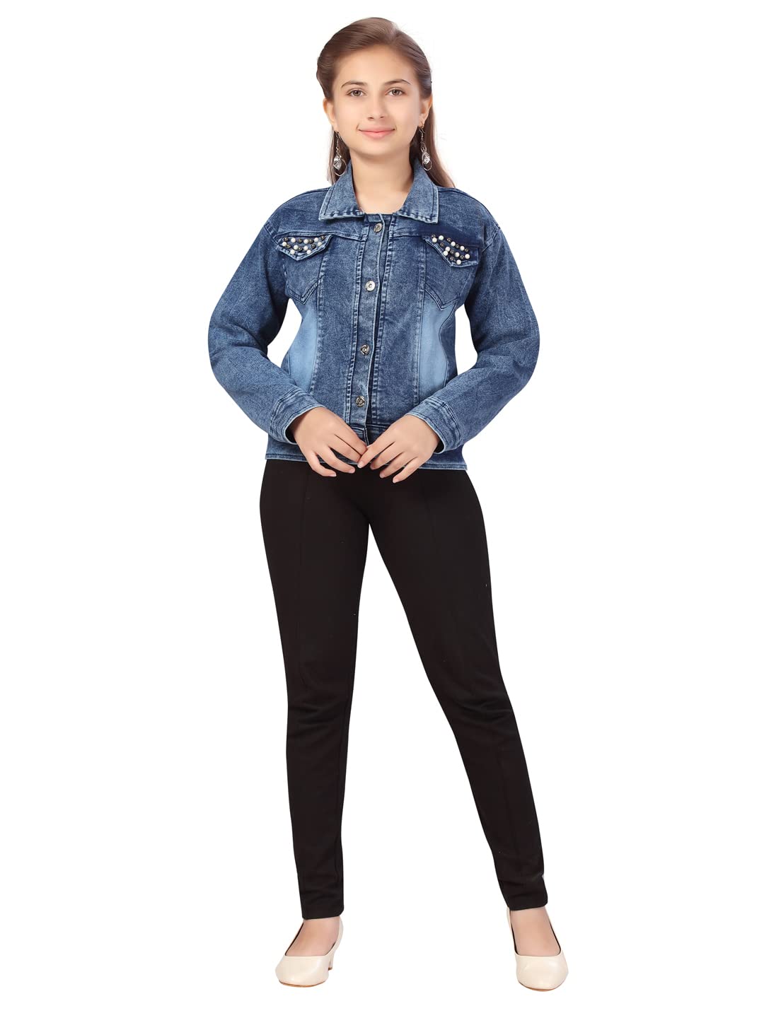 Aarika Girls A-Line Ankle Length Coat (DN-109_Denim Blue_38), 13-14 Years