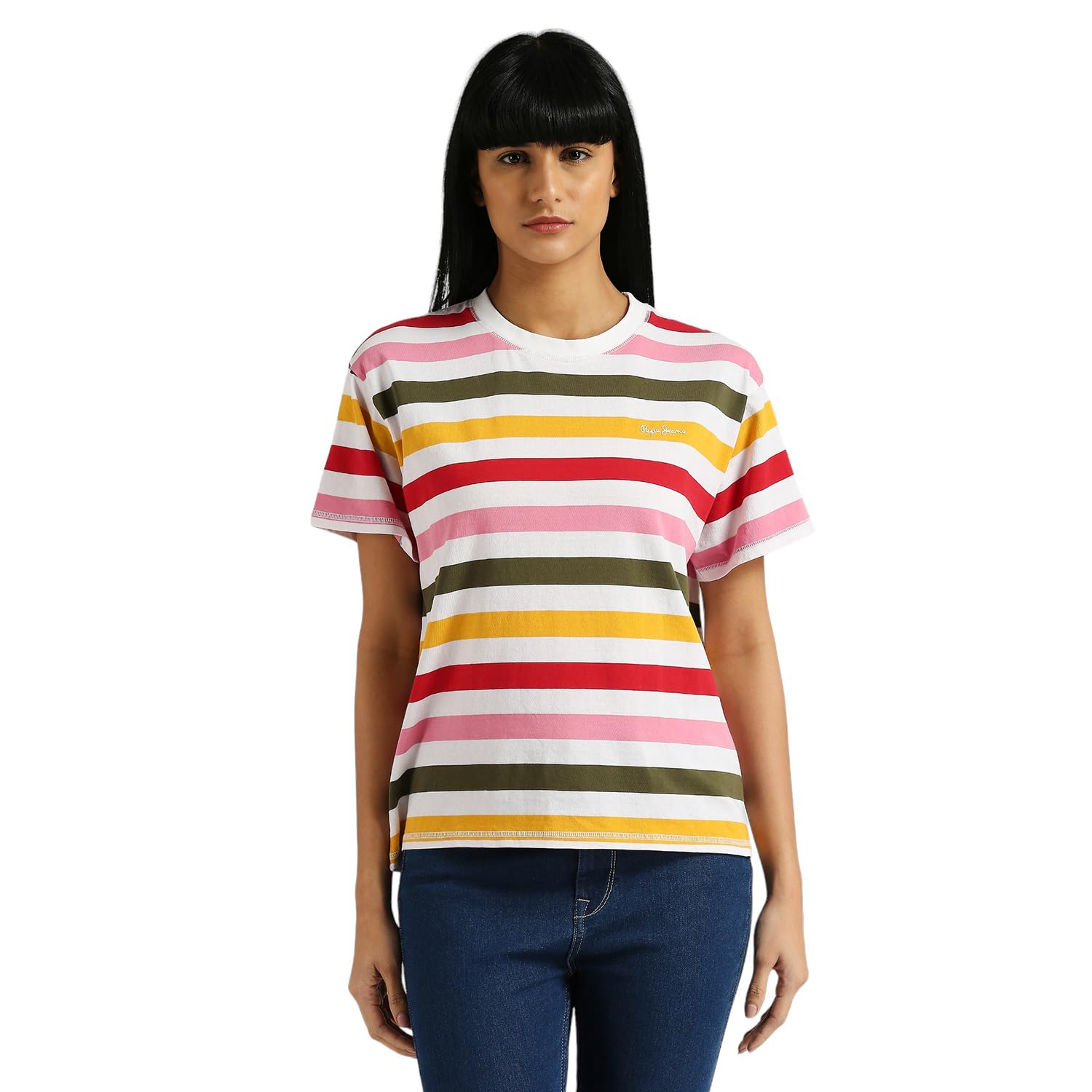 Pepe Jeans WomenS Striped Relaxed Fit T-Shirt (Pl505908_Red_Multi