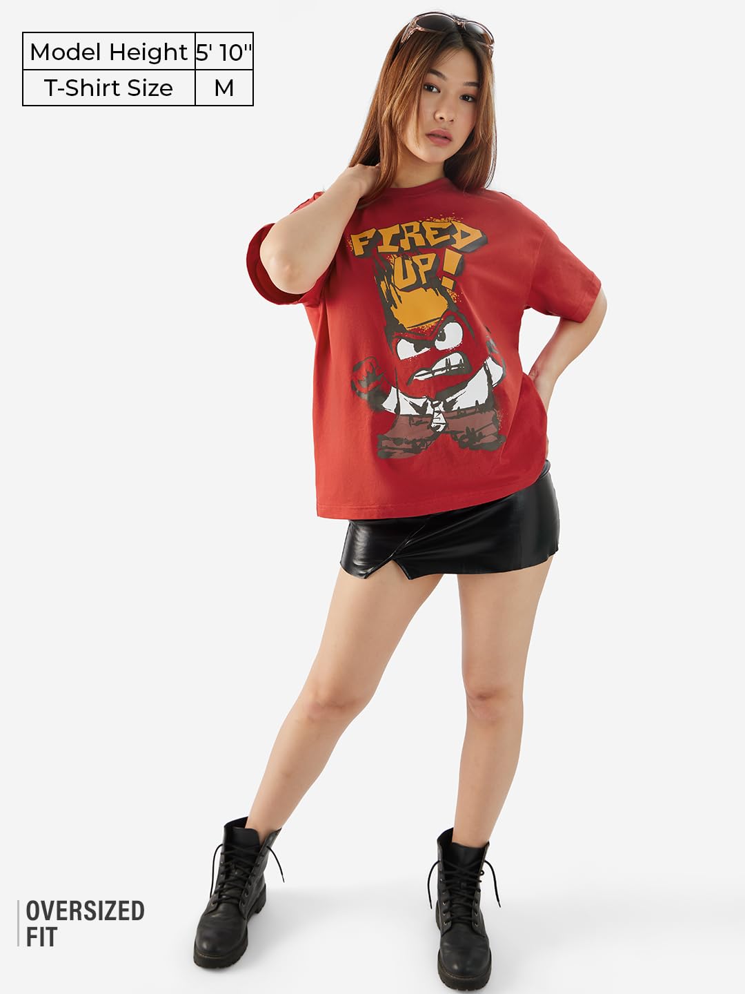 The Souled Store Official Inside Out: Fired Up Women and Girls Short Sleeves Round Neck Red Graphic Printed Cotton Oversized T-S
