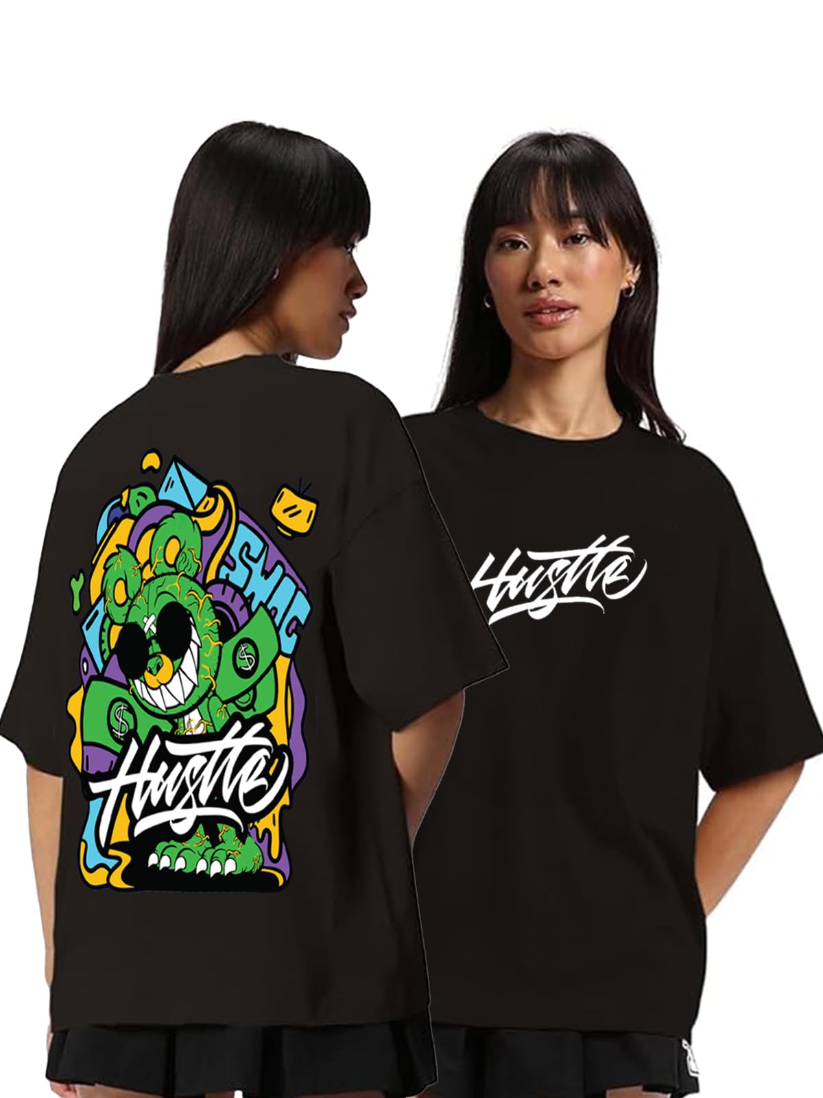 Veirdo Women's Cotton Oversize Fit Drop Shoulder Round Neck Short Sleeve Graphic Hustle Back Printed T-Shirt