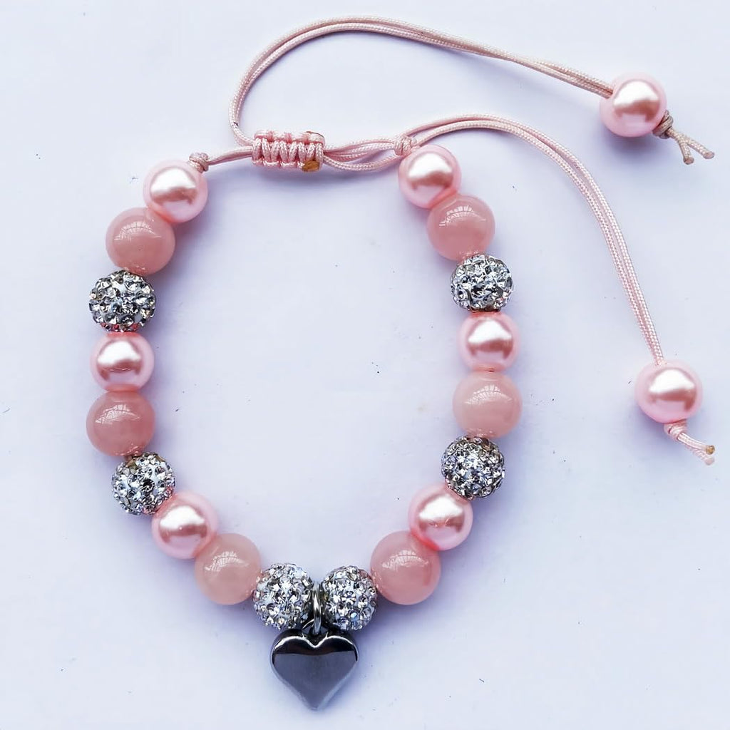 DOLON Pink Beaded Rhinestone Heart Charm Granddaugther Bracelet Adjustable Jewelry Back to School Birthday Christmas Holiday Gif