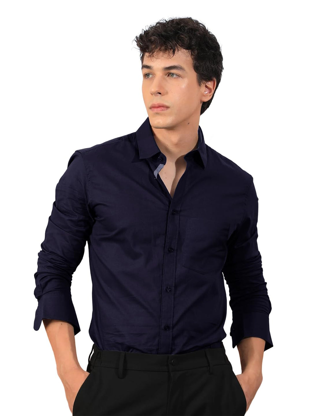 Pinkmint Mens Long Sleeve Button Down Dark Blue Shirt for Men Collared Casual Formal Soild Shirt