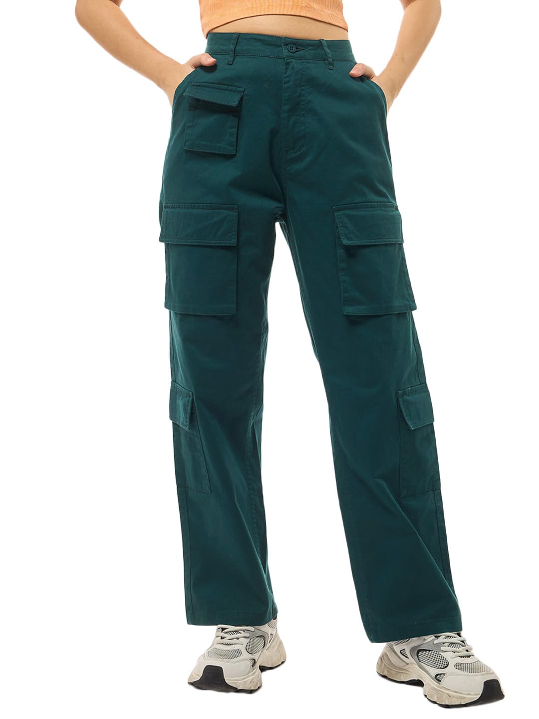 Bewakoof Womens Solid Oversized Fit Cotton Elastane Cargo Casual Pants 628281 Green_36