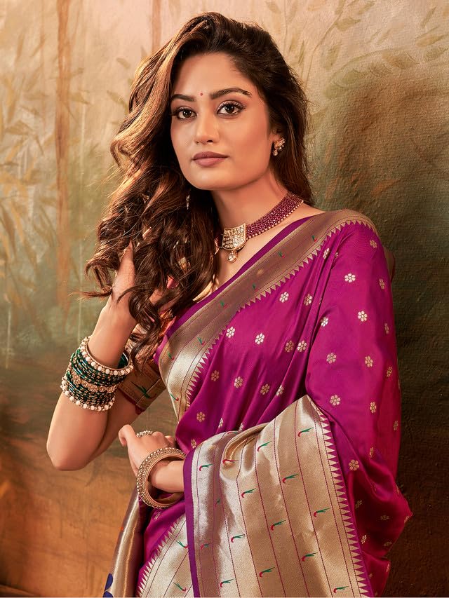 Satrani Womens Silk Dual Tone Paithani Jacquard Saree with Unstitched Blouse Piece