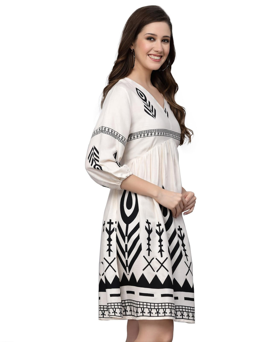 Stylum Womens Womens Off White Printed Rayon Flared Dress