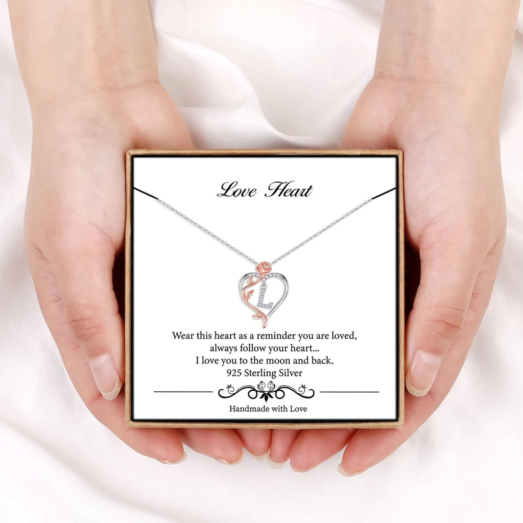 Necklace Gifts for Women, Dainty Rose Love Heart Initial L Letter Pendant Necklace Jewelry Mothers Day Valentines Christmas Gift