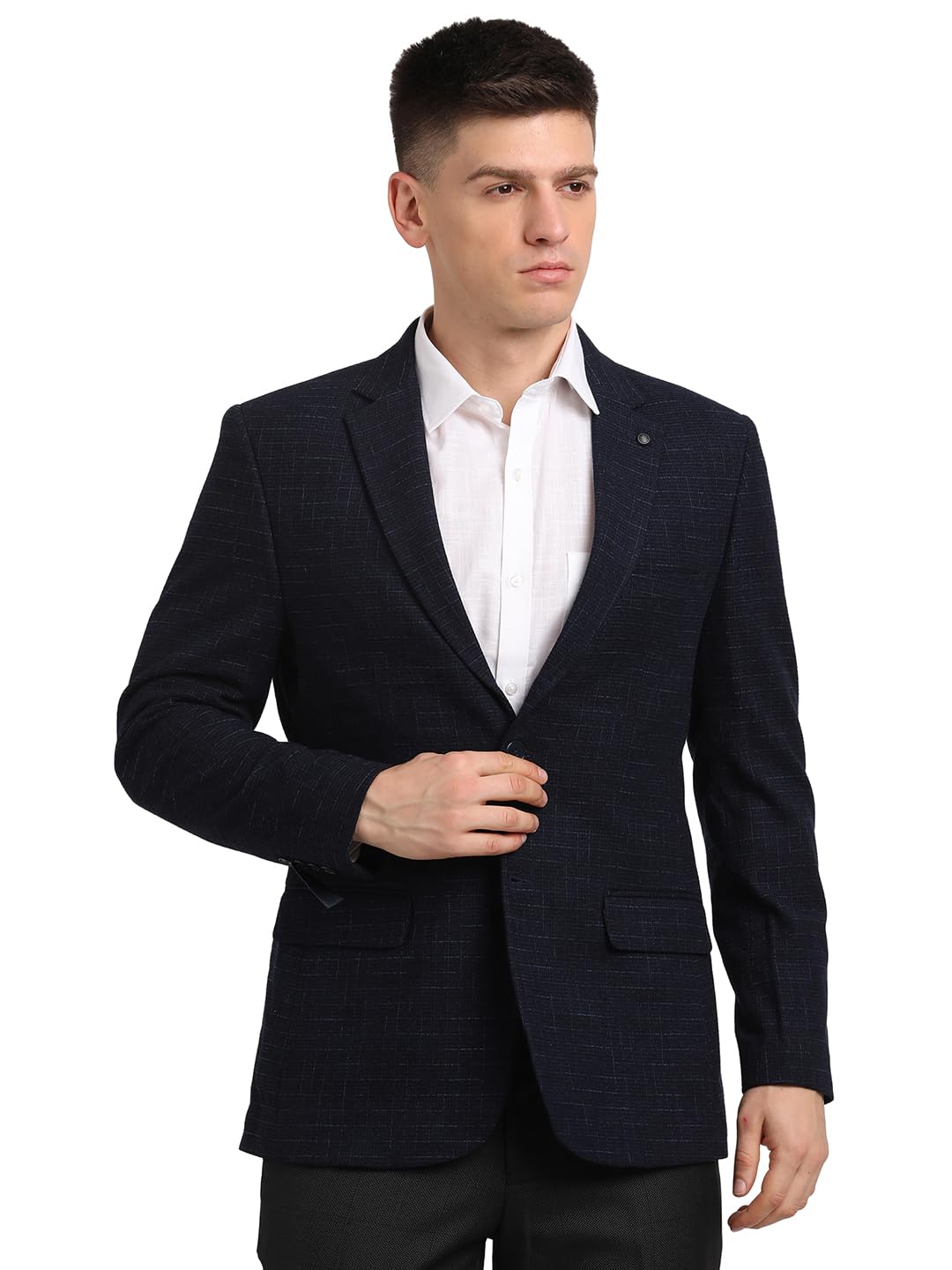 Turtle Men Poly Viscose Checkered Navy Blue Blazer