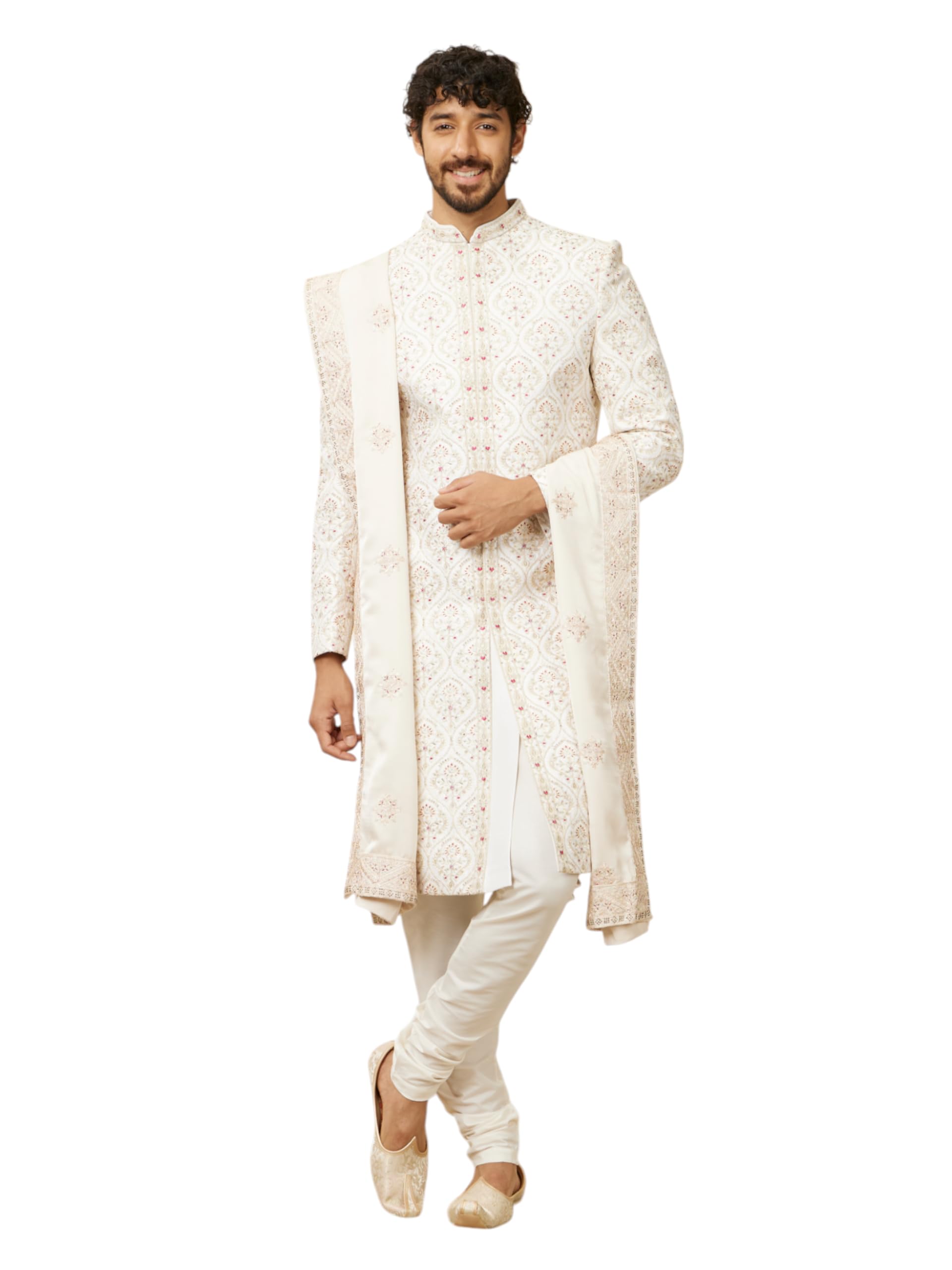 Manyavar MenS Chanderi Floral Dupatta (Cream,2.65 M)