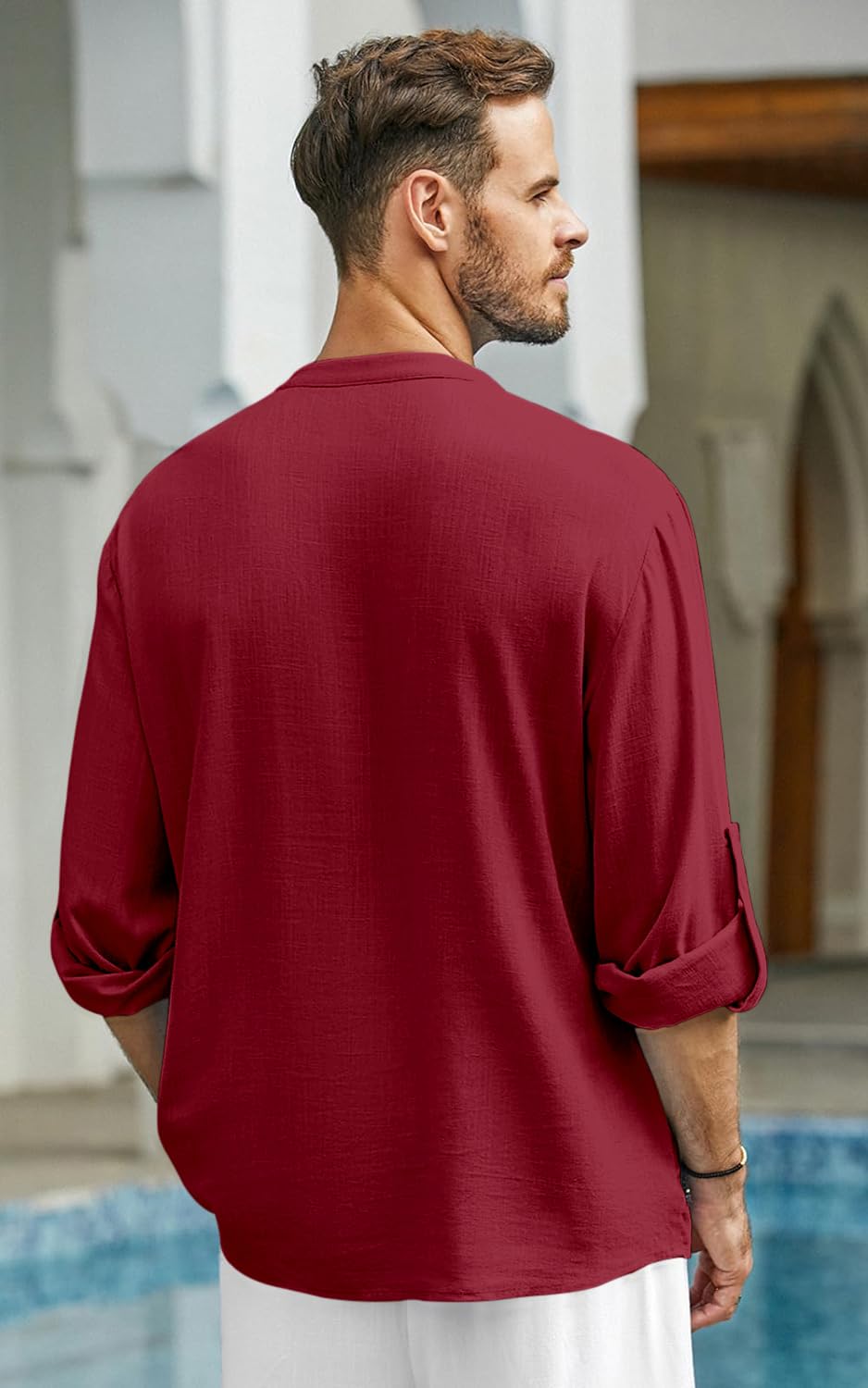 Zombom MenS Cotton Blend Solid Casual Regular Fit Mandarin/Chinese Collor Short Kurta Shirt Maroon