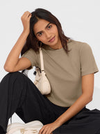 The Souled Store Solids: Classic Beige Women and Girls Short Sleeves Round Neck Polyester Blend Relaxed Fit T-Shirts