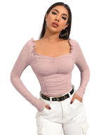 Shasmi Womens & Girls Peach Full Sleeve, Sweat Hear Neck, Frill Trim Ruched Crop Top for Women, Tops, Slim Fit T-Shirts for Gi