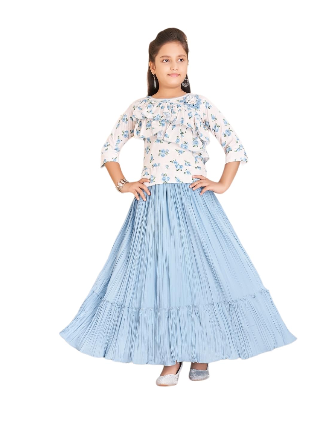 Aarika Girls Blue Colour Floral Print Poly Crepe Top & Skirt (4-10 Years)