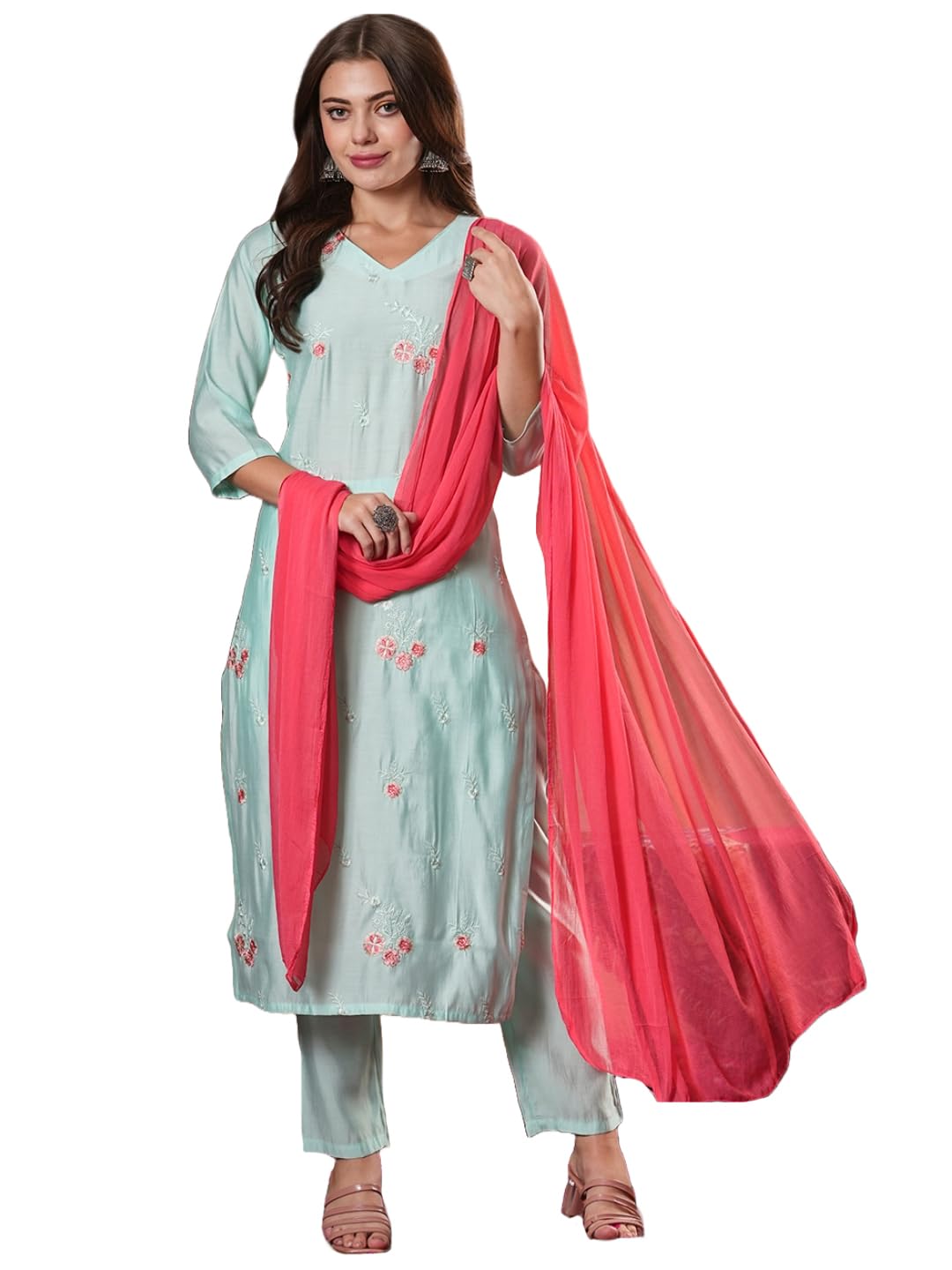 ANNI DESIGNER Women s Rayon Blend Kurta with Pants and Dupatta, Green, S