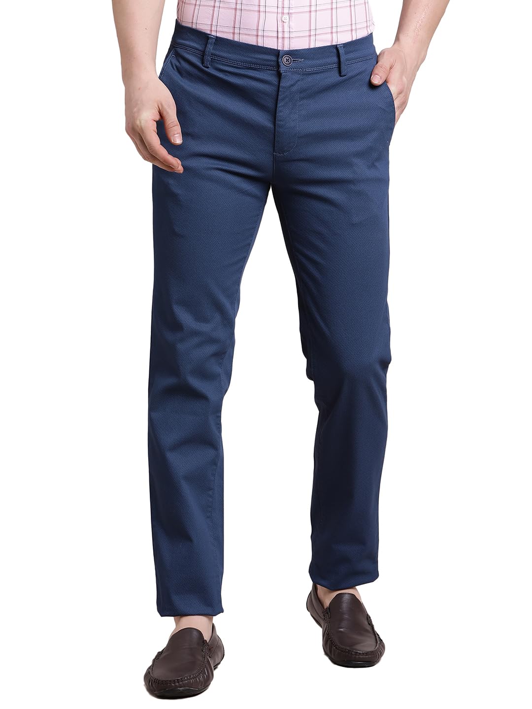 Turtle Men Blue Ultra Slim Fit Printed Flat Front Cotton Stretch Casual Trouser