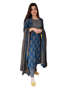 Anni Designer WomenS Pure Cotton Printed Straight Kurta, Pant & Dupatta (Biipsee Blue_Xl_Blue_X-Large)