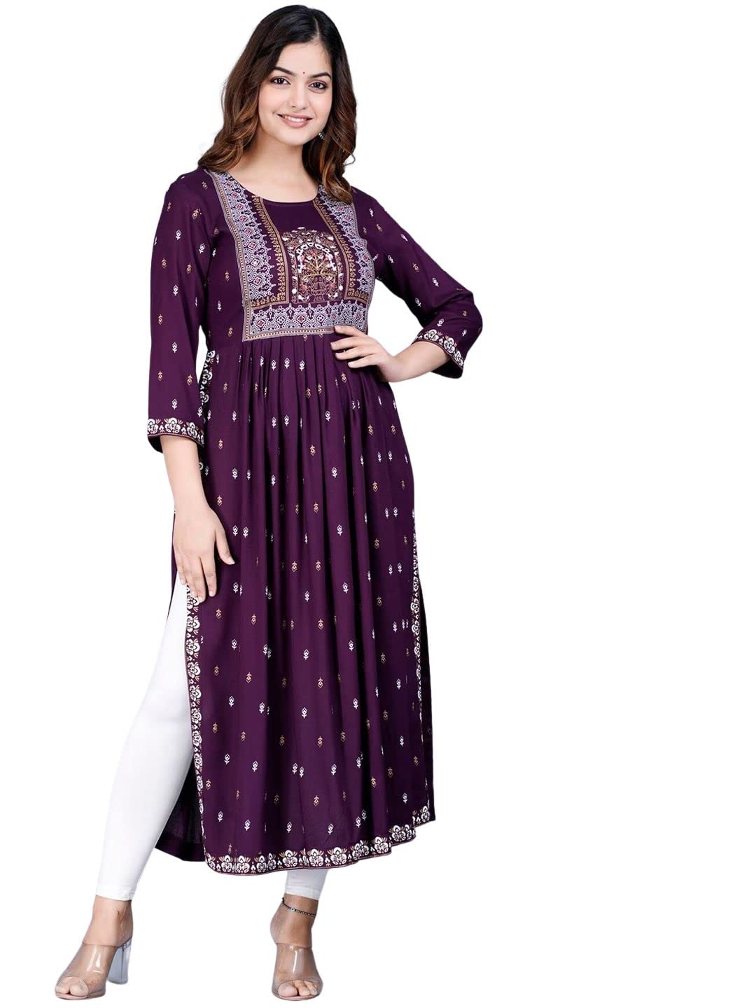rytras Womens Rayon Printed Flared Kurti(Purple,S)