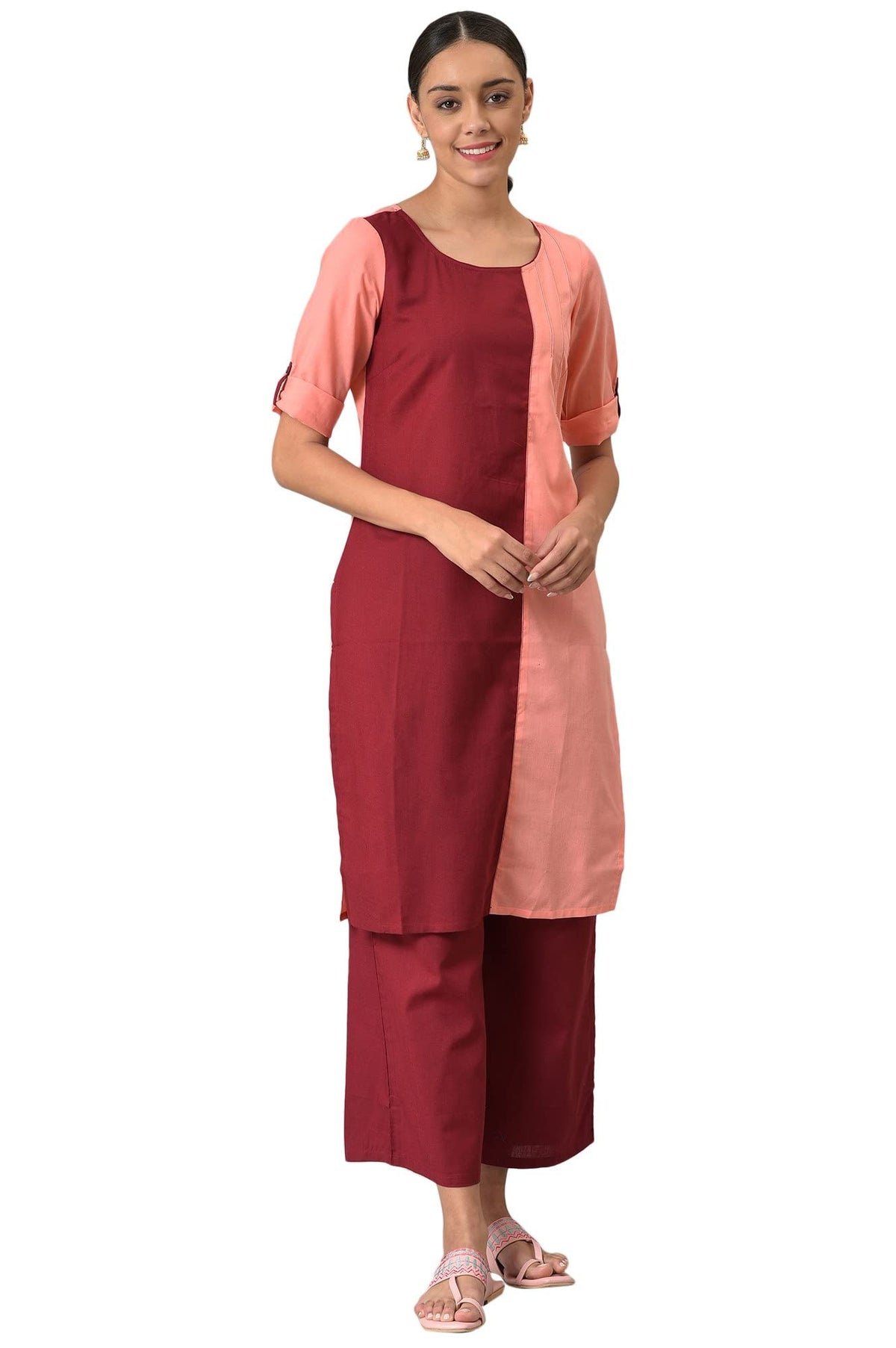 Pink And Maroon Colour Block Kurta With Straight Palazzo