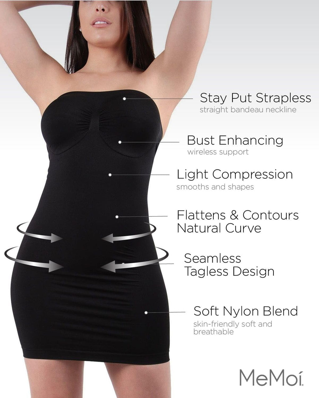 SlimMe Strapless Slips for Under Dresses, Women's Shapewear Slips, Comfortable and Breathable Tummy Control Slip - Black, Large,