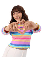 The Souled Store Rainbow Cut-Out Ribbed Top Women and Girls Round Neck Full Sleeves Cotton Blend Slim Fit Tops