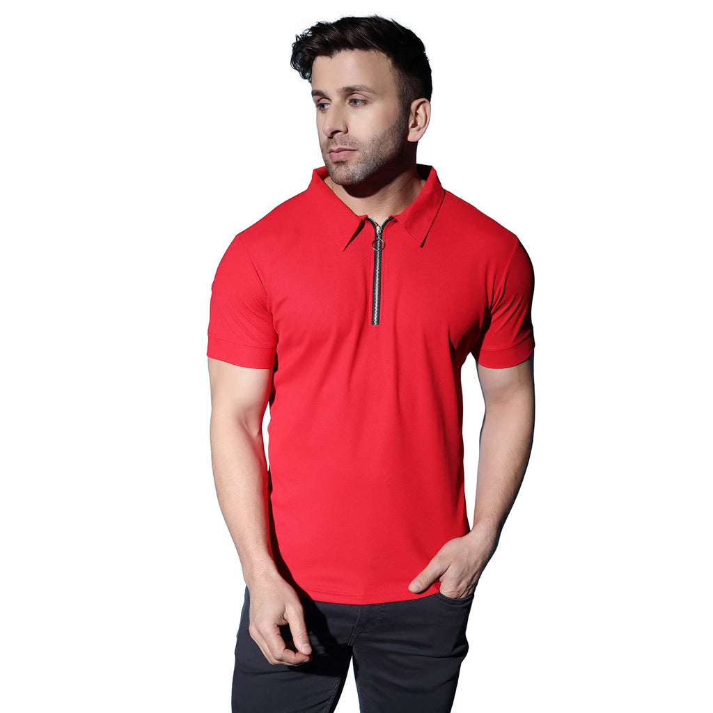 Leriya Fashion MenS T-Shirt | Cotton & Polyester Solid Varsity Inspired Regular Fit T-Shirt For Boys | Polo-Neck With Zip | Per