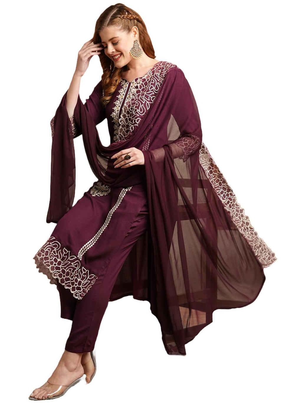 ANNI DESIGNER Womens Rayon Blend Straight Embroidered Kurta with Pant & Dupatta (TRP Wine_L_Wine_Large)