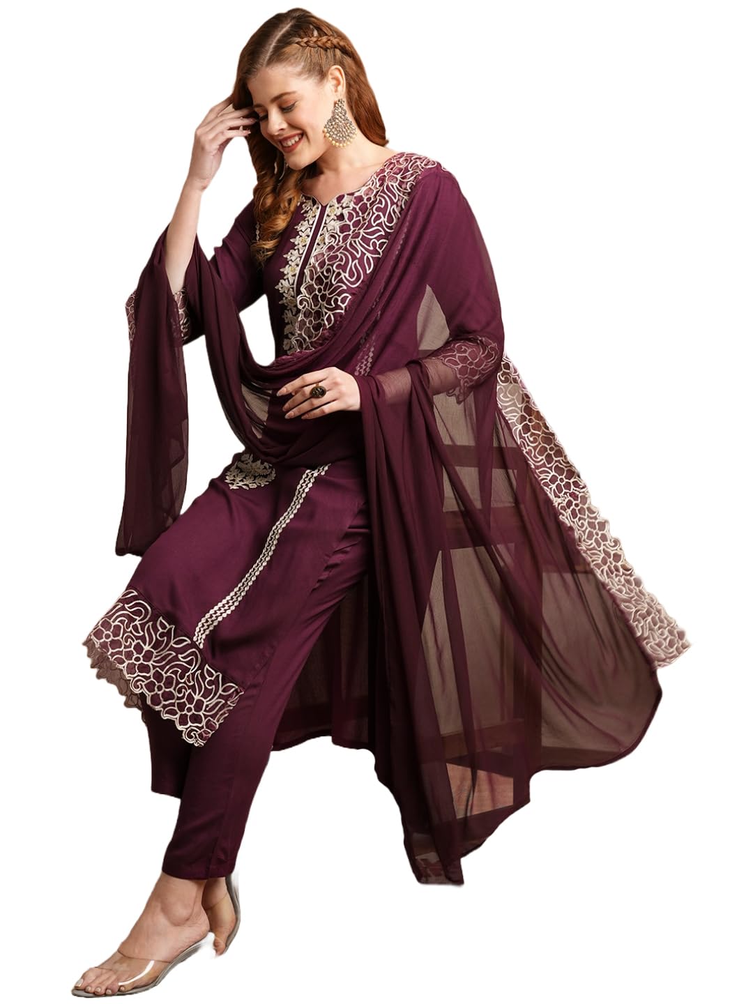 ANNI DESIGNER Womens Rayon Blend Straight Embroidered Kurta with Pant & Dupatta (TRP Wine_L_Wine_Large)