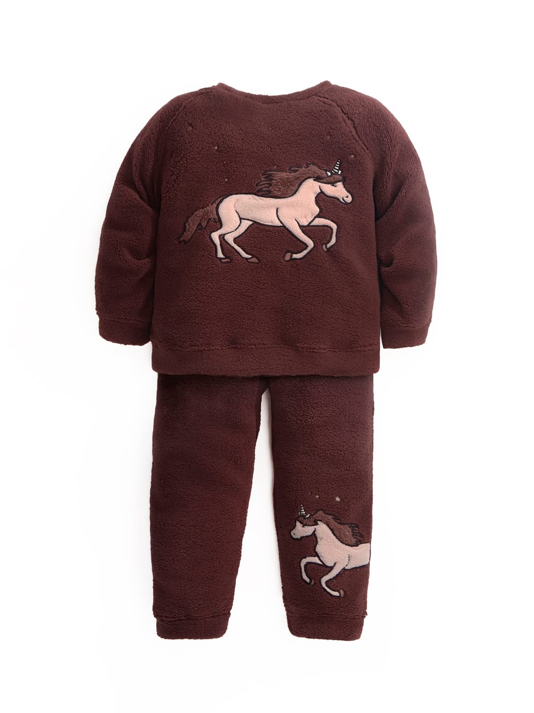 Cherry Crumble Rose Brown Solid Sherpa Full Sleeves Round Neck Night Wear Smart Fit Applique Winter Nightsuit for Girls 13-14