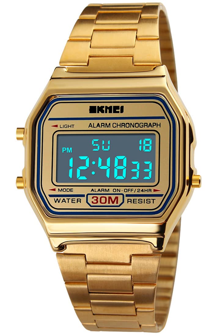 PASOY Men's Digital Gold Stainless Steel Watch Backlit Multifunction Stopwatch Waterproof Sport Watches Reloj (Gold)