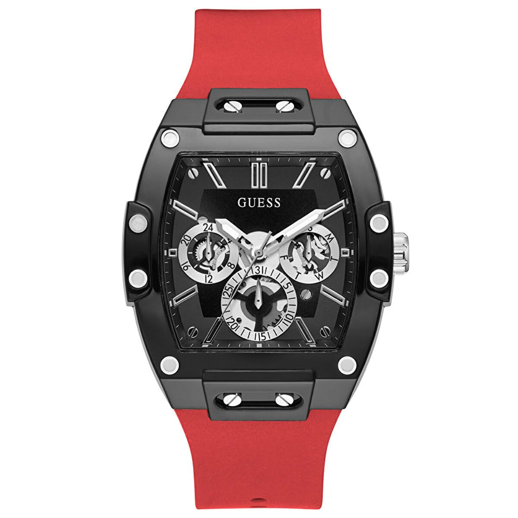 GUESS Mens Casual Multifunction 43mm Watch - Black Polycarbonate Case with Black Skeleton Dial & Red Silicone Strap