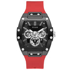 GUESS Mens Casual Multifunction 43mm Watch - Black Polycarbonate Case with Black Skeleton Dial & Red Silicone Strap