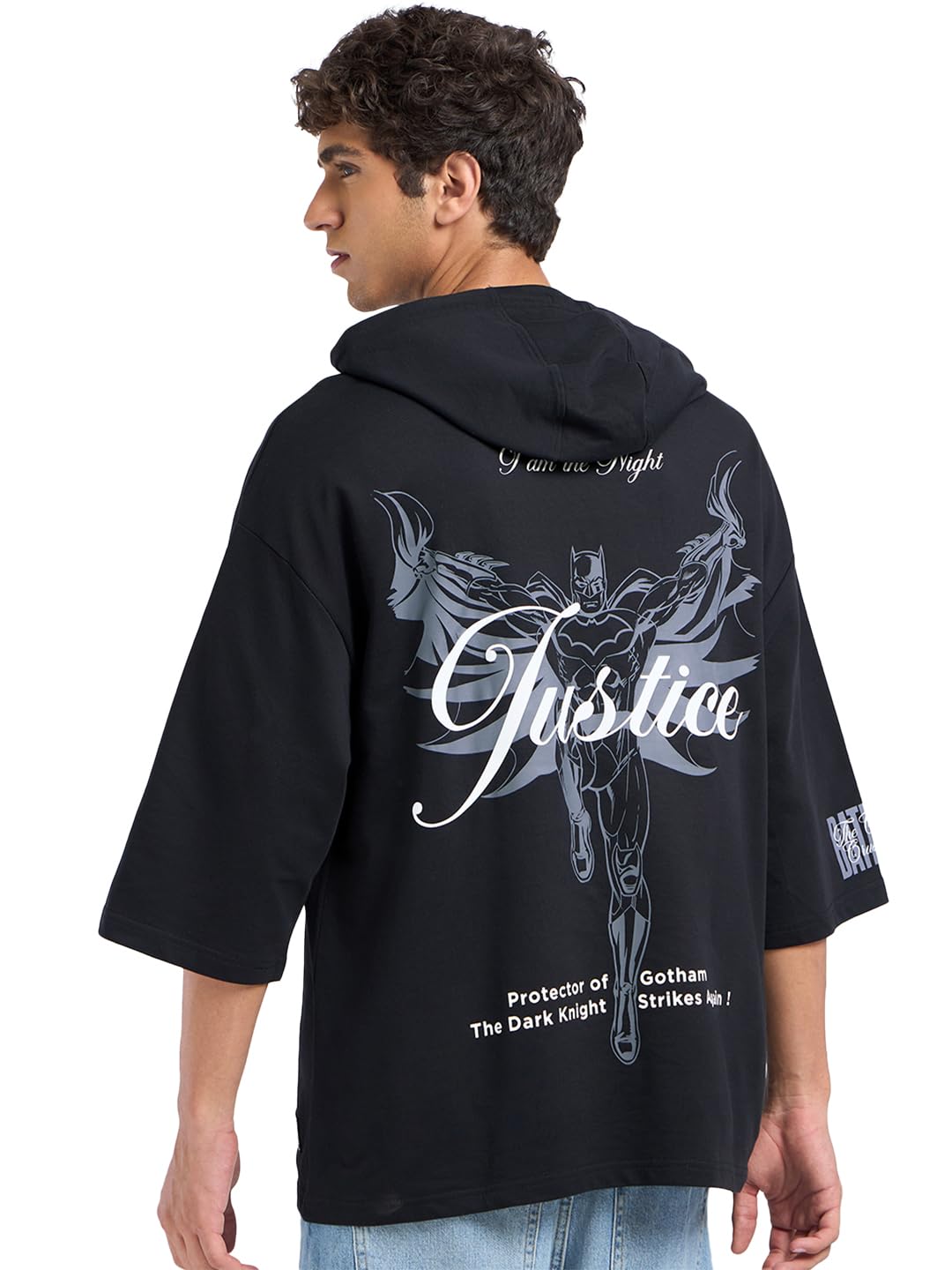 Bewakoof Official DC Merchandise Batman Mens Graphic Printed Oversized Fit Extended Sleeve Cotton Hooded T-Shirt_689745_Black_S