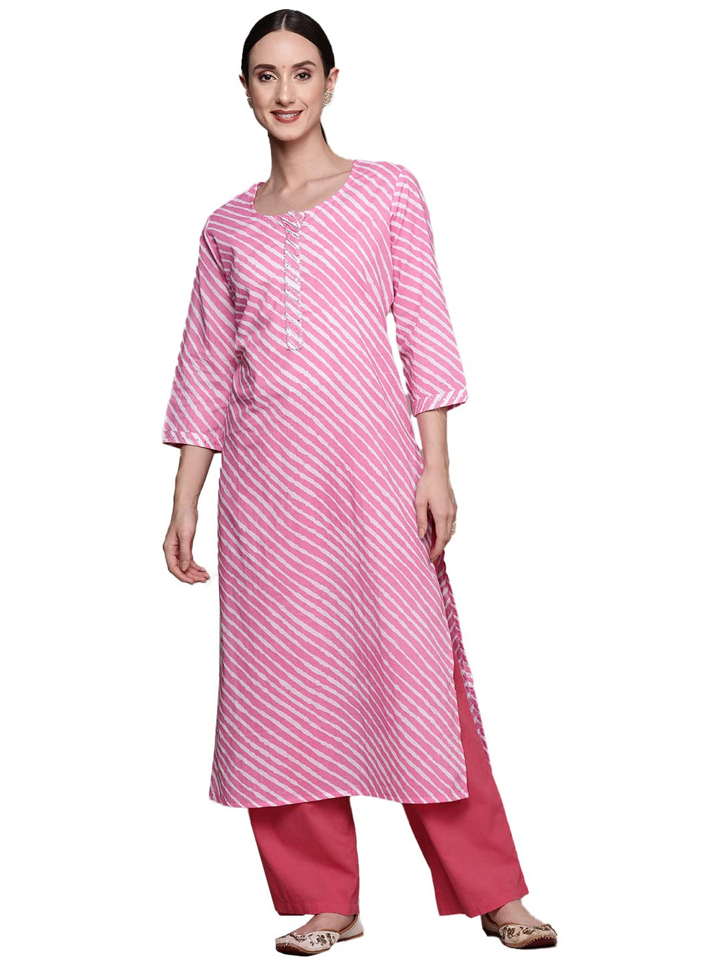 Ishin Women'S Cotton A-Line Printed Gotta Patti Leheriya Print Pink Kurti Inwka0347_Pn_S_Pink