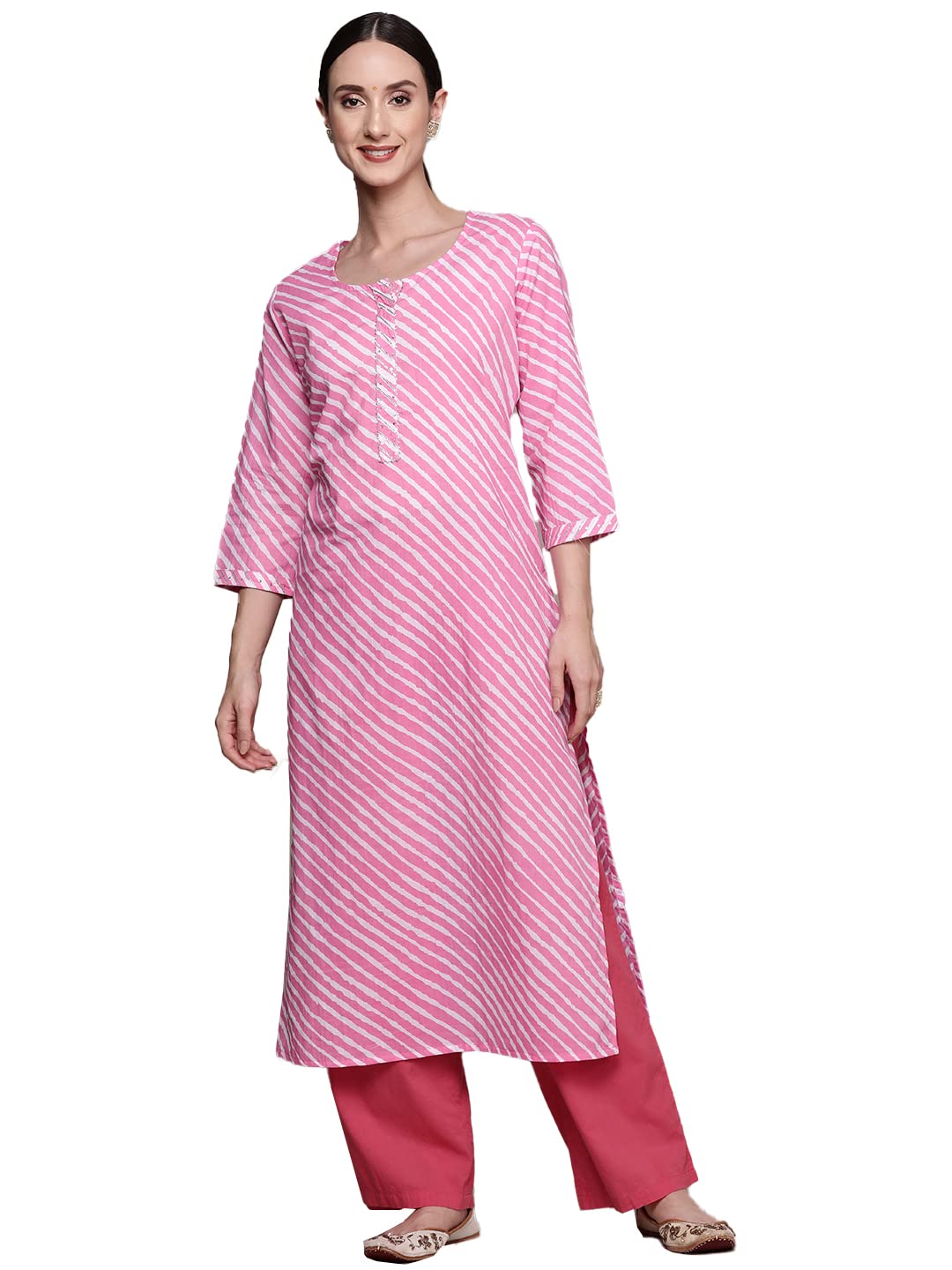 Ishin Women'S Cotton A-Line Printed Gotta Patti Leheriya Print Pink Kurti Inwka0347_Pn_S_Pink