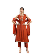 Stylum Womens Rust Solid & Embroidered Crepe A-Line Kurta With Dupatta