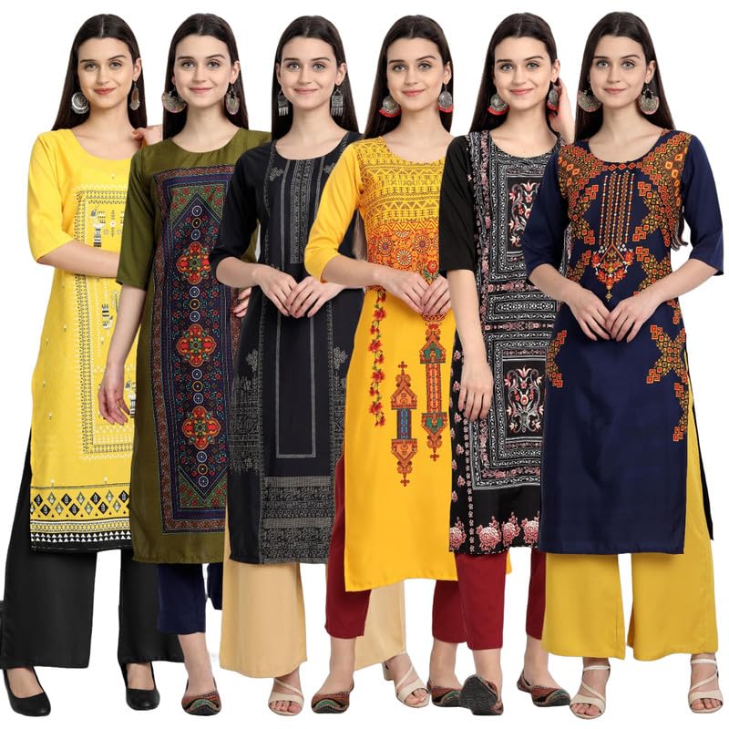 Pinkmint Elegant Printed Crepe KurtiS For WomenS Ll Fashionable Kurti Combo Set Ll Stright Round Neck Kurti (Pack Of 6)