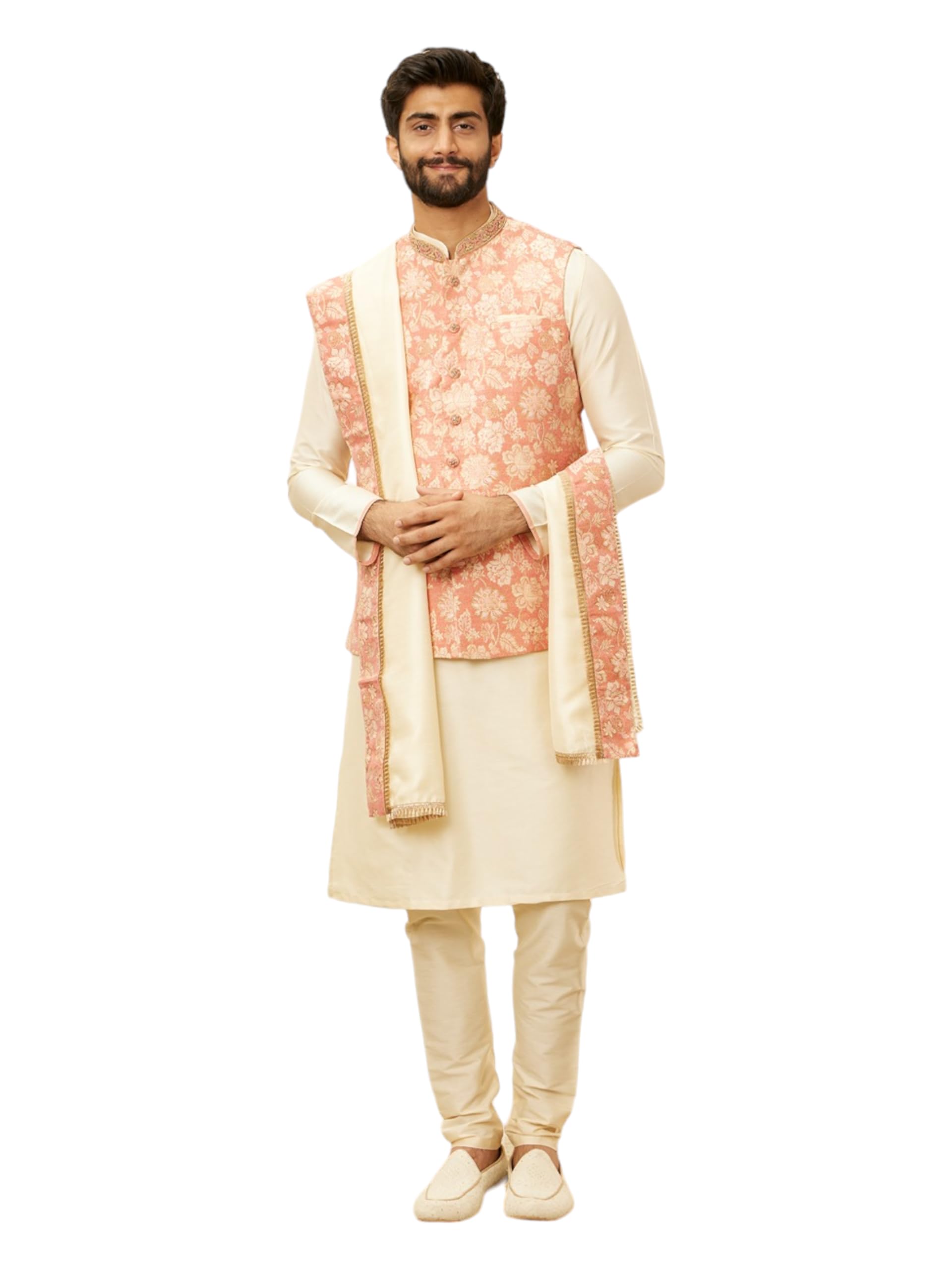 Manyavar Mens Coral Blended Viscose Self Design Kurta Pyjama Jacket Set