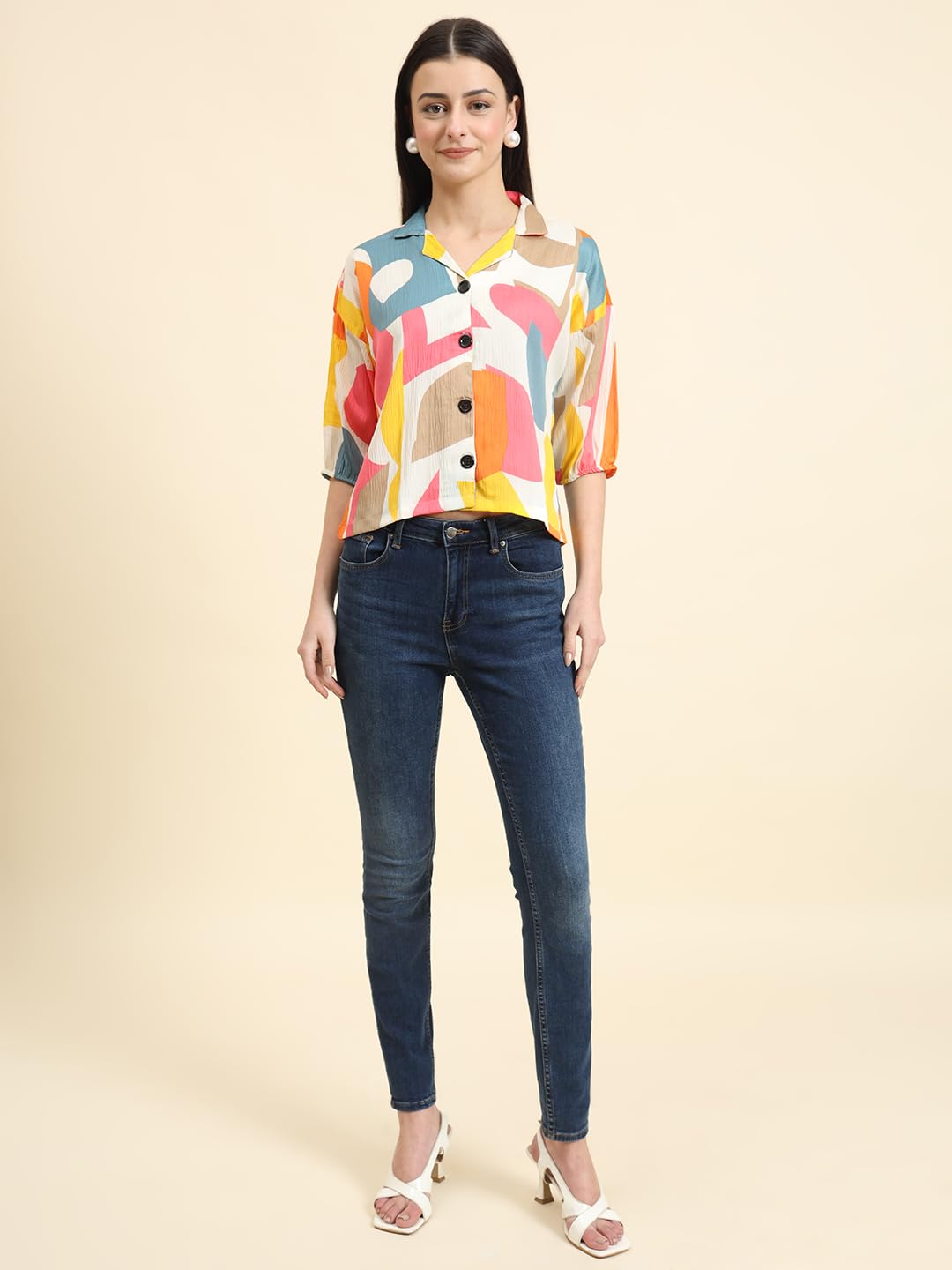 Vairagee Women Cotton Blend Multi Striped Pattern V-Collar Three Quarter Sleeves Stylish Boxy Shirt (1730_5)