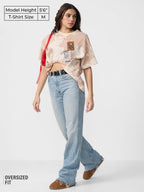 The Souled Store Travel Women and Girls Short Sleeves Round Neck Beige All Over Printed Cotton Oversized T-Shirts