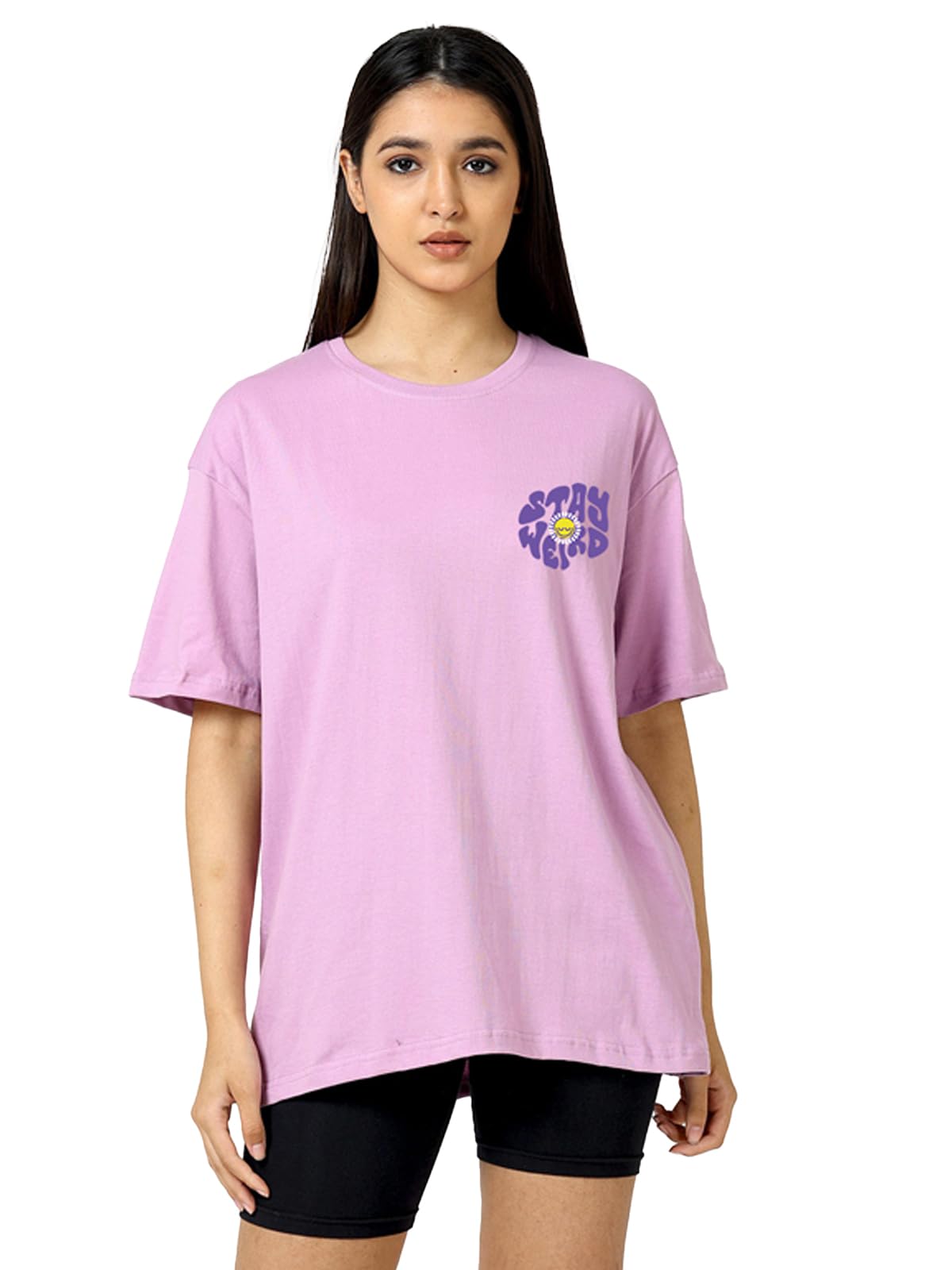 Veirdo Women's Oversize Loose Baggy Fit Drop Shoulder and Stay Weird Pocket Print Design Short Sleeve T-Shirt F