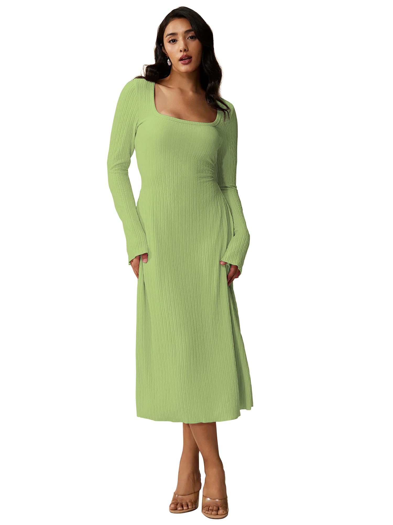 Shasmi Womens Green Square Neck A-Line Dress  Long Sleeve, Tie Waist, Knitted Stretchable, Casual & Office Outfit, Solid Winter 