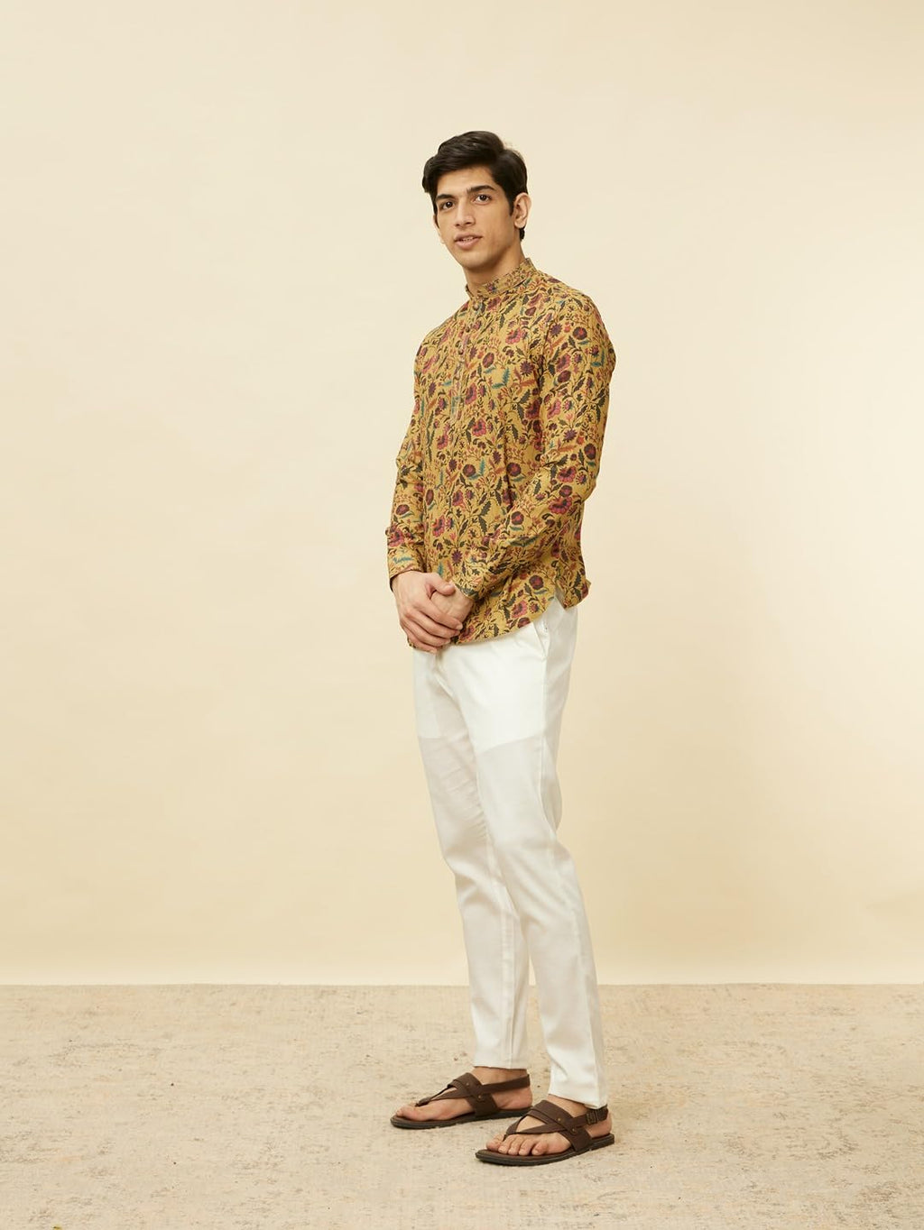 Manyavar Mens Mustard Blended Viscose Printed Short Kurtas